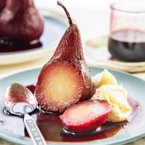 Spiced Red Wine Poached Bosc Pears
