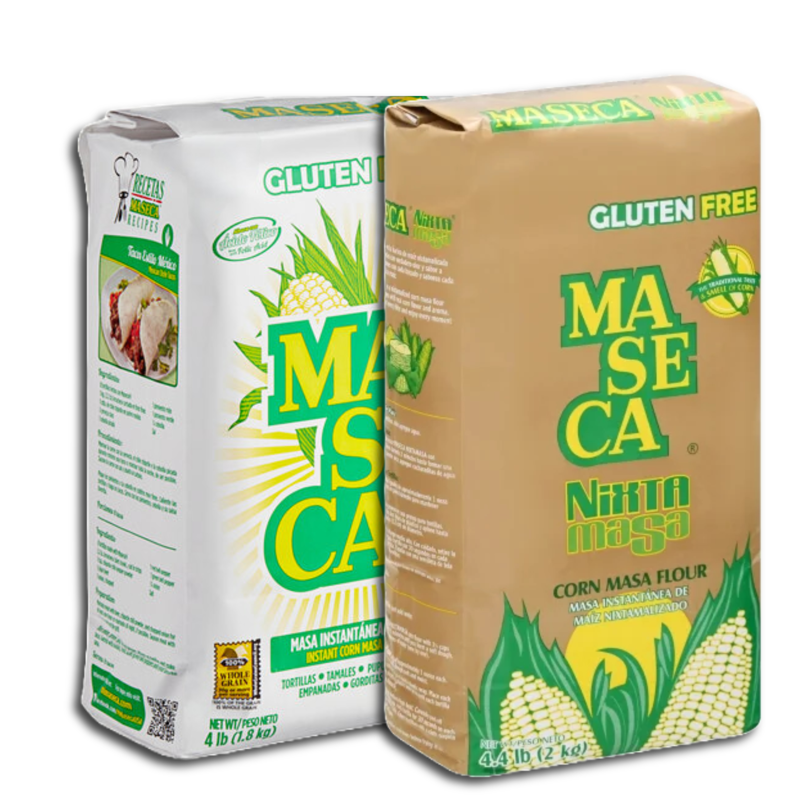 Two packages of Maseca corn masa flour, one white and one tan, both featuring the Maseca brand name in yellow and green letters, with gluten-free labels and illustrations of corn, against a white background.