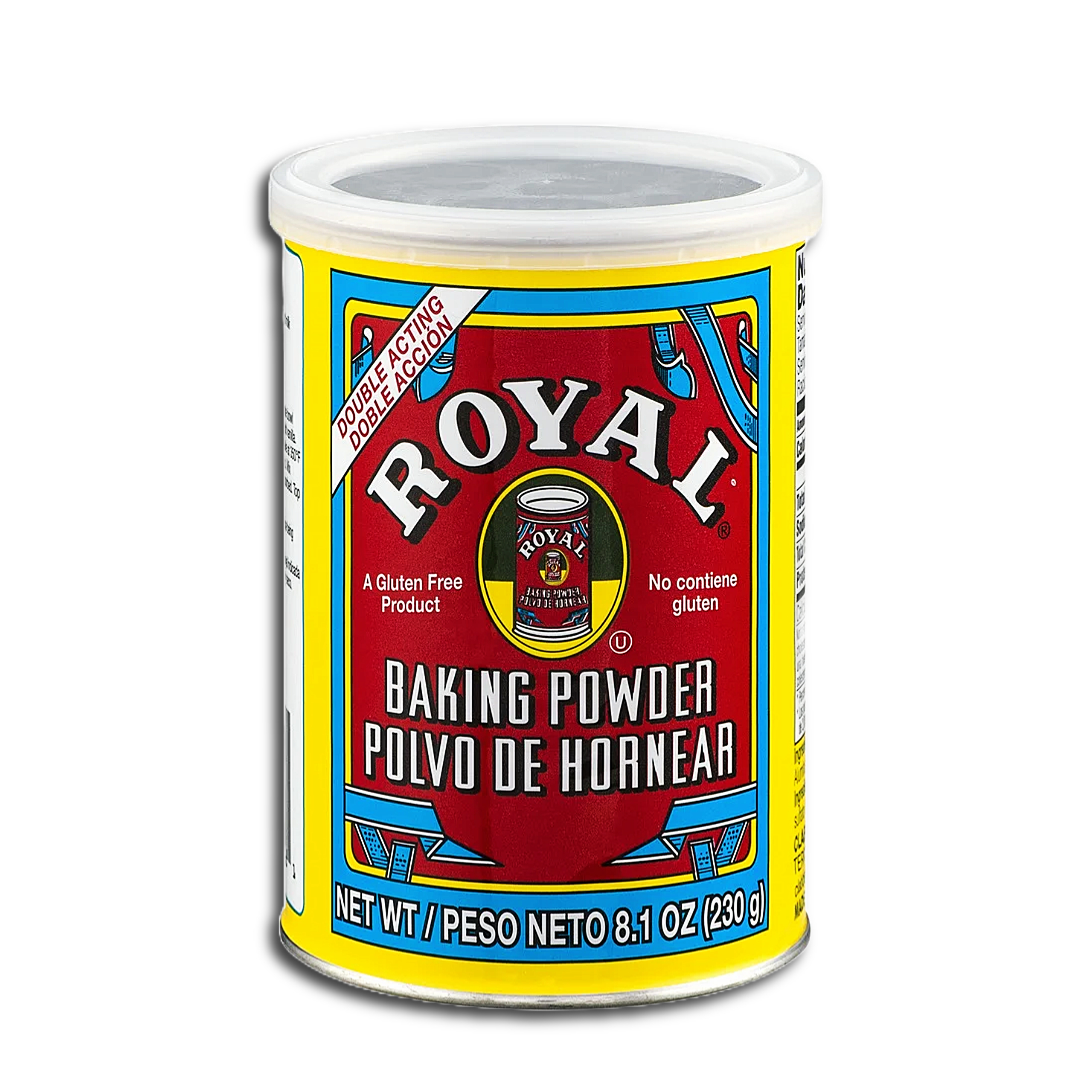 A cylindrical can of Royal Baking Powder, with a white plastic lid and a label featuring a bright yellow border, red center panel, and blue decorative elements, against a white background.