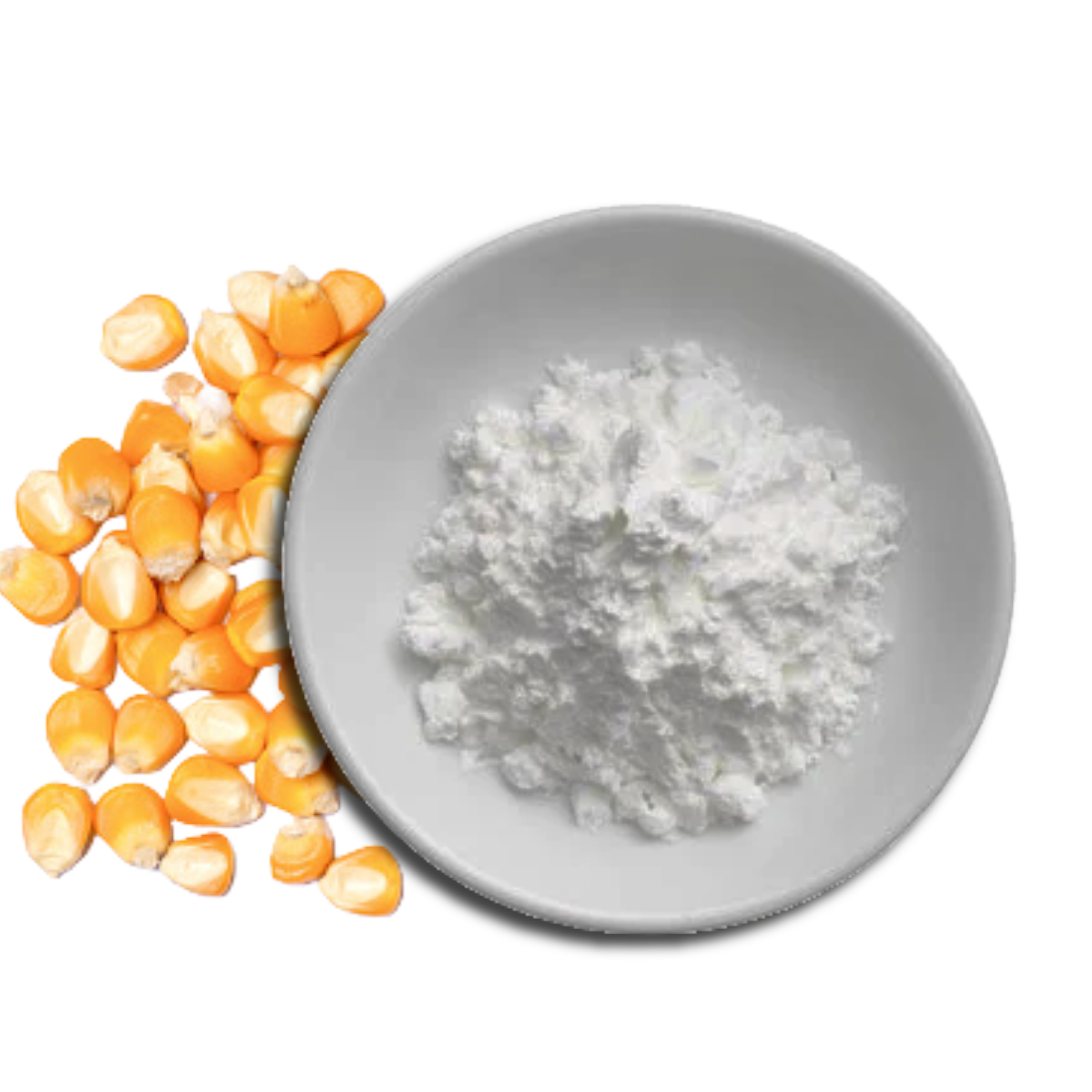 A gray ceramic bowl containing fine white powder cornstarch , with scattered dried corn kernels in bright yellow-orange color, against a white background.