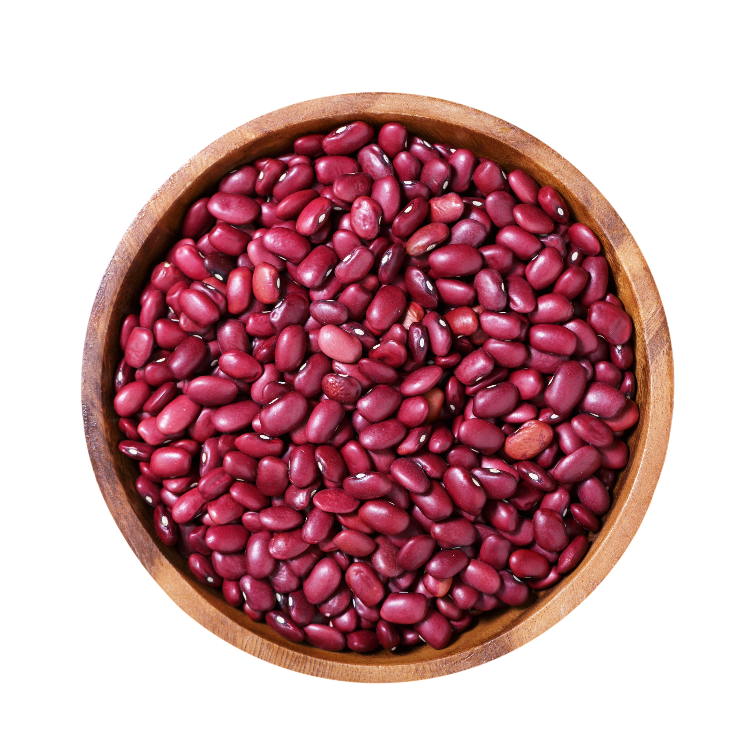 A wooden bowl filled with red kidney beans, against a white background.