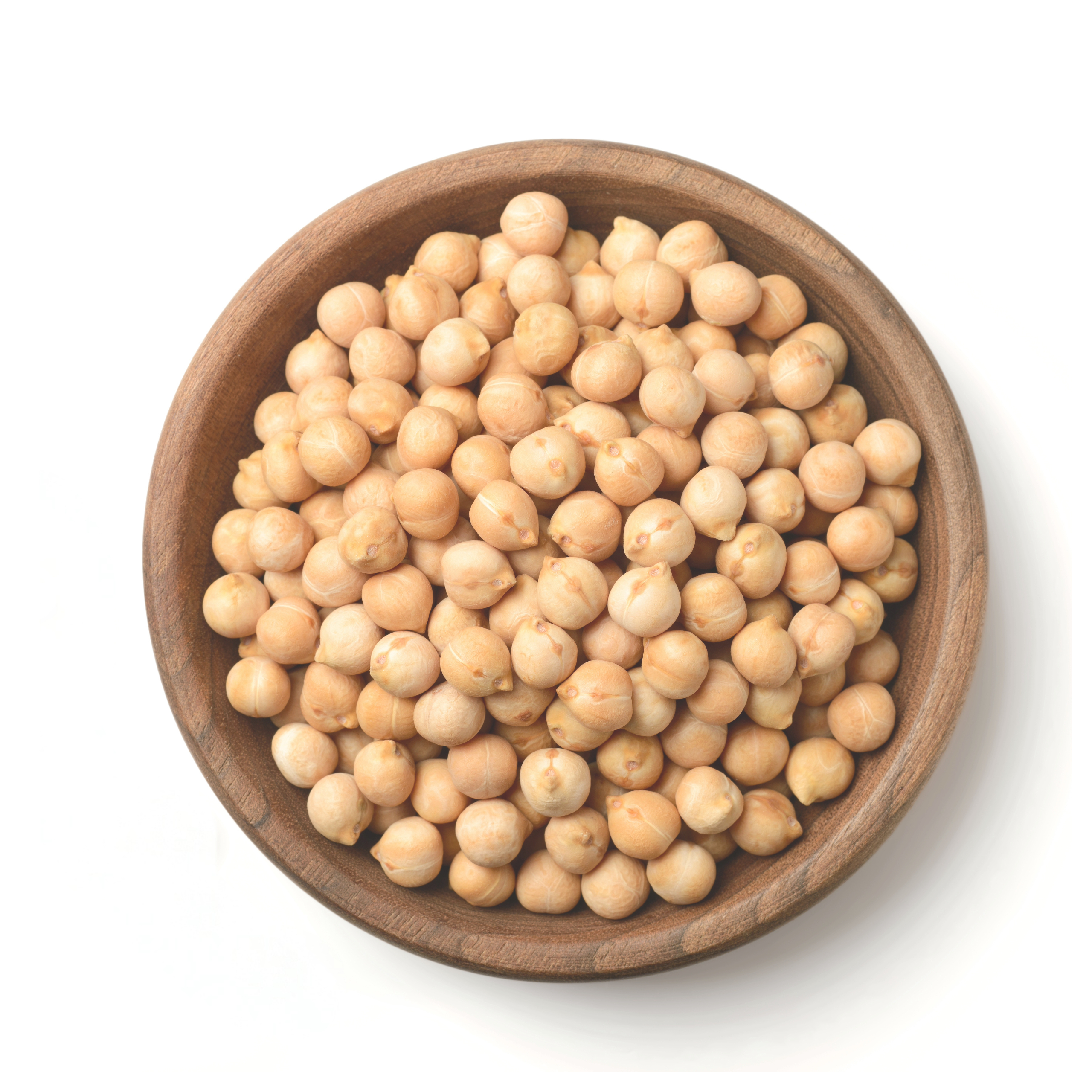 A wooden bowl filled with chickpeas (garbanzo beans), against a white background