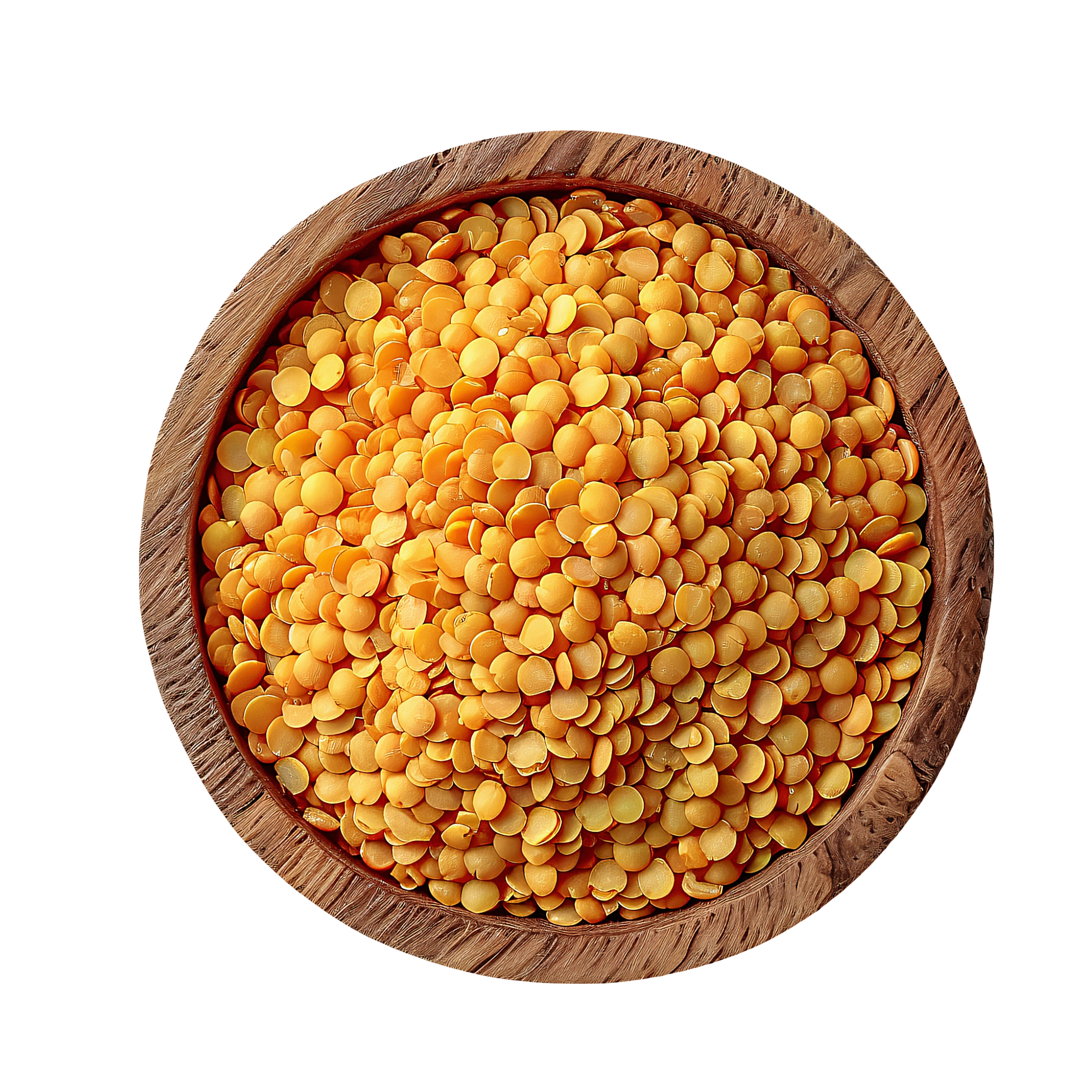 A round wooden bowl filled with orange-yellow lentils, against a white background.