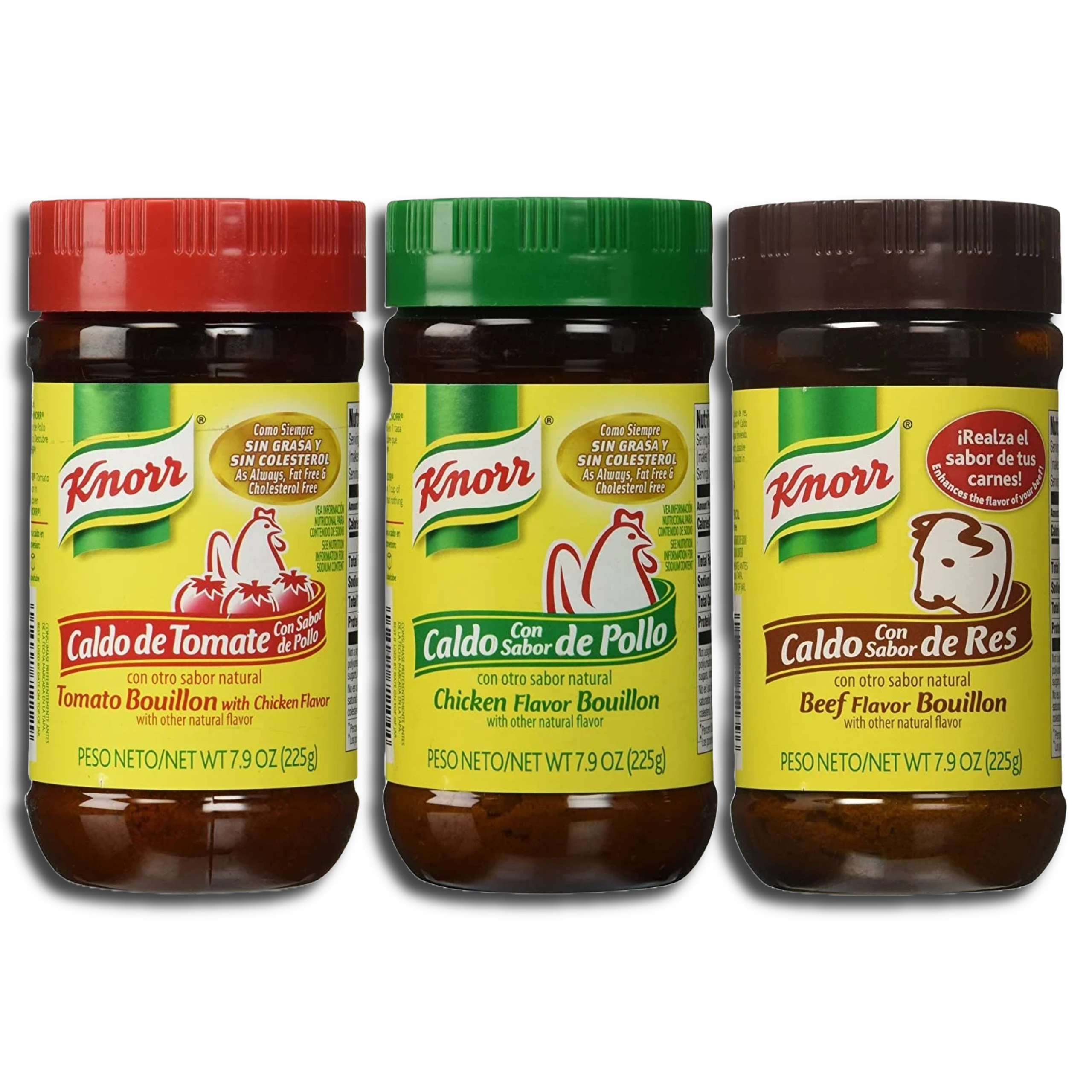 Three jars of Knorr bouillon products, each with a different colored lid and flavor variety (Tomato with Chicken Flavor, Chicken Flavor, Beef Flavor), with yellow labels featuring the Knorr logo, against a white background.