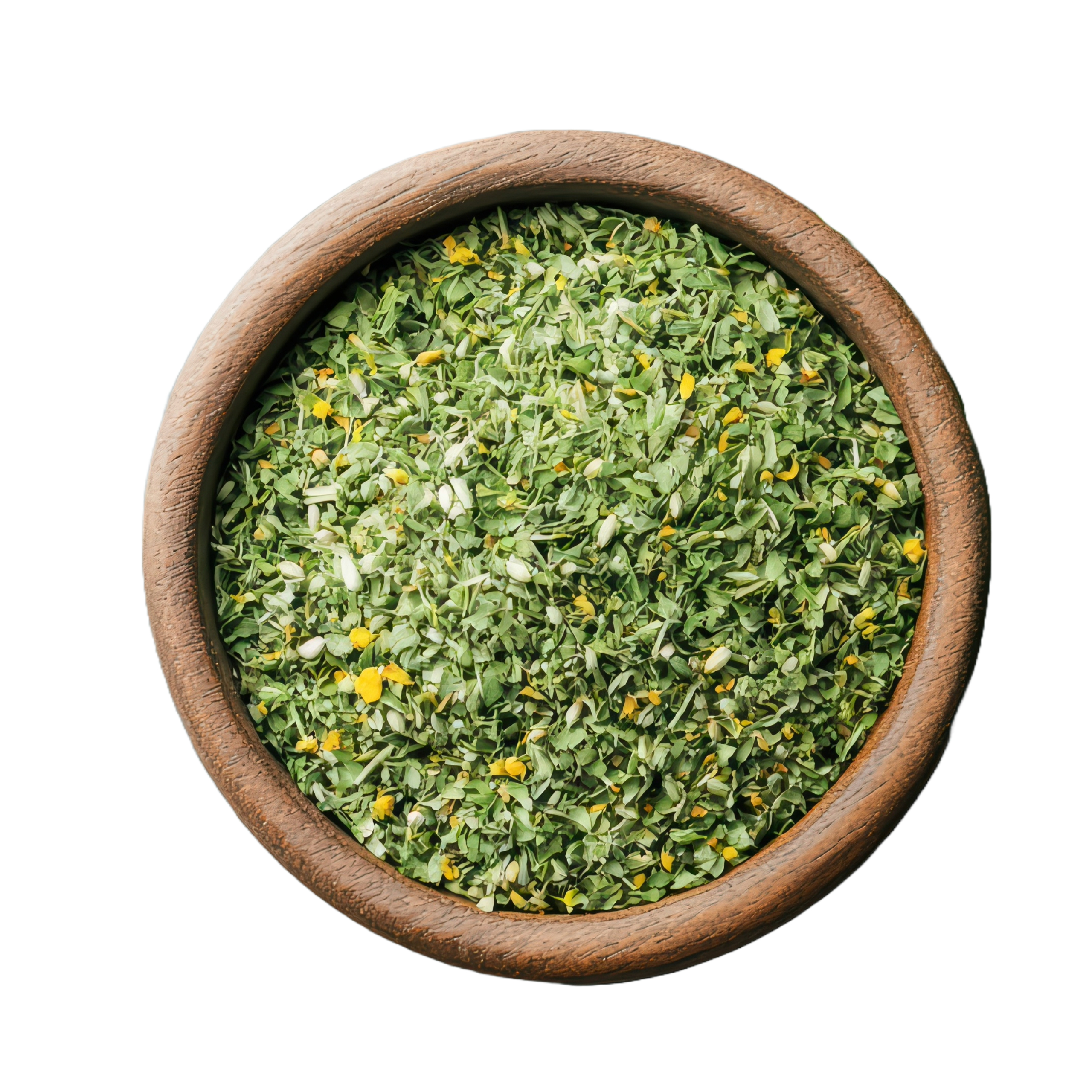 A round wooden bowl filled with dried oregano, against a white background