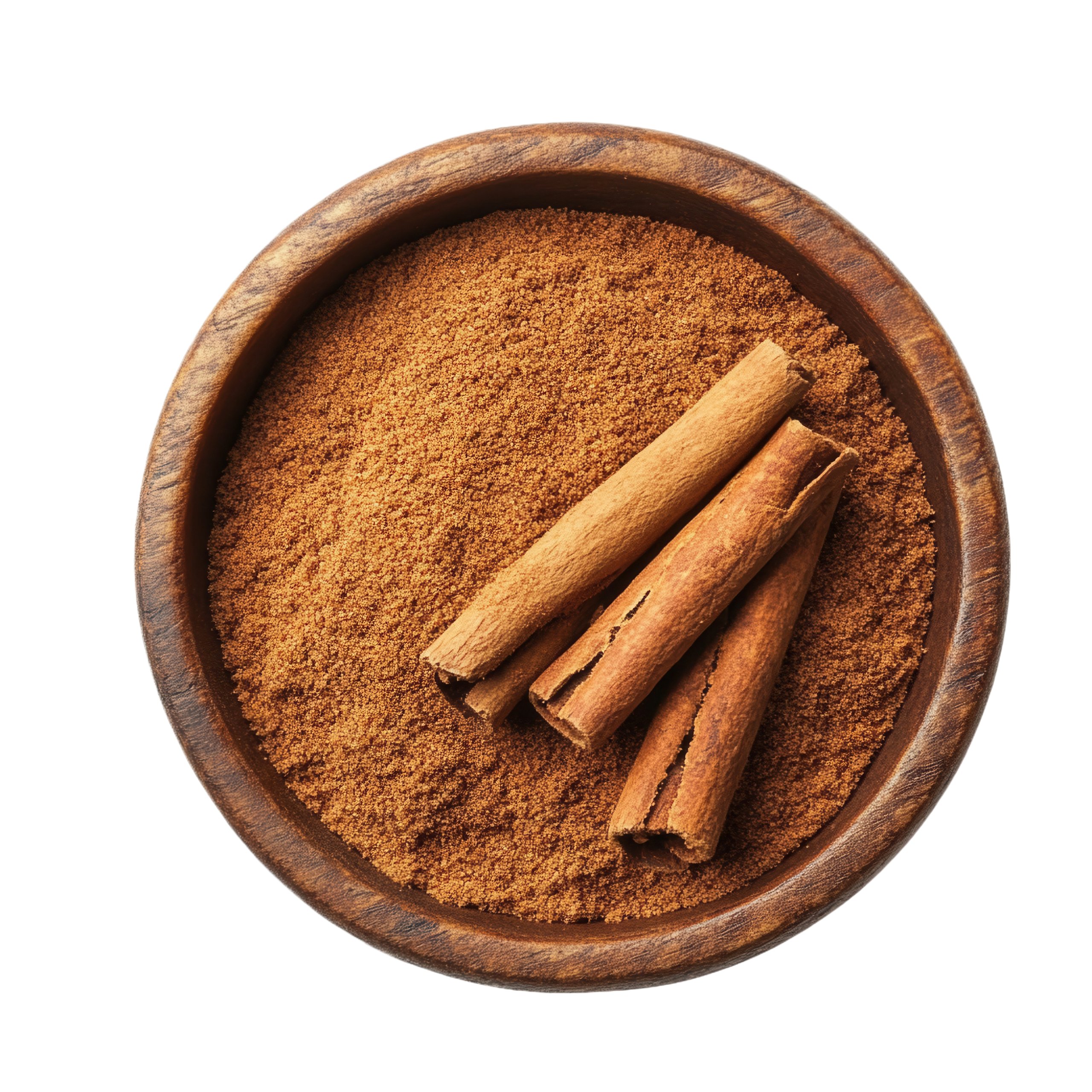 A round wooden bowl filled with dried Cinnamon, against a white background