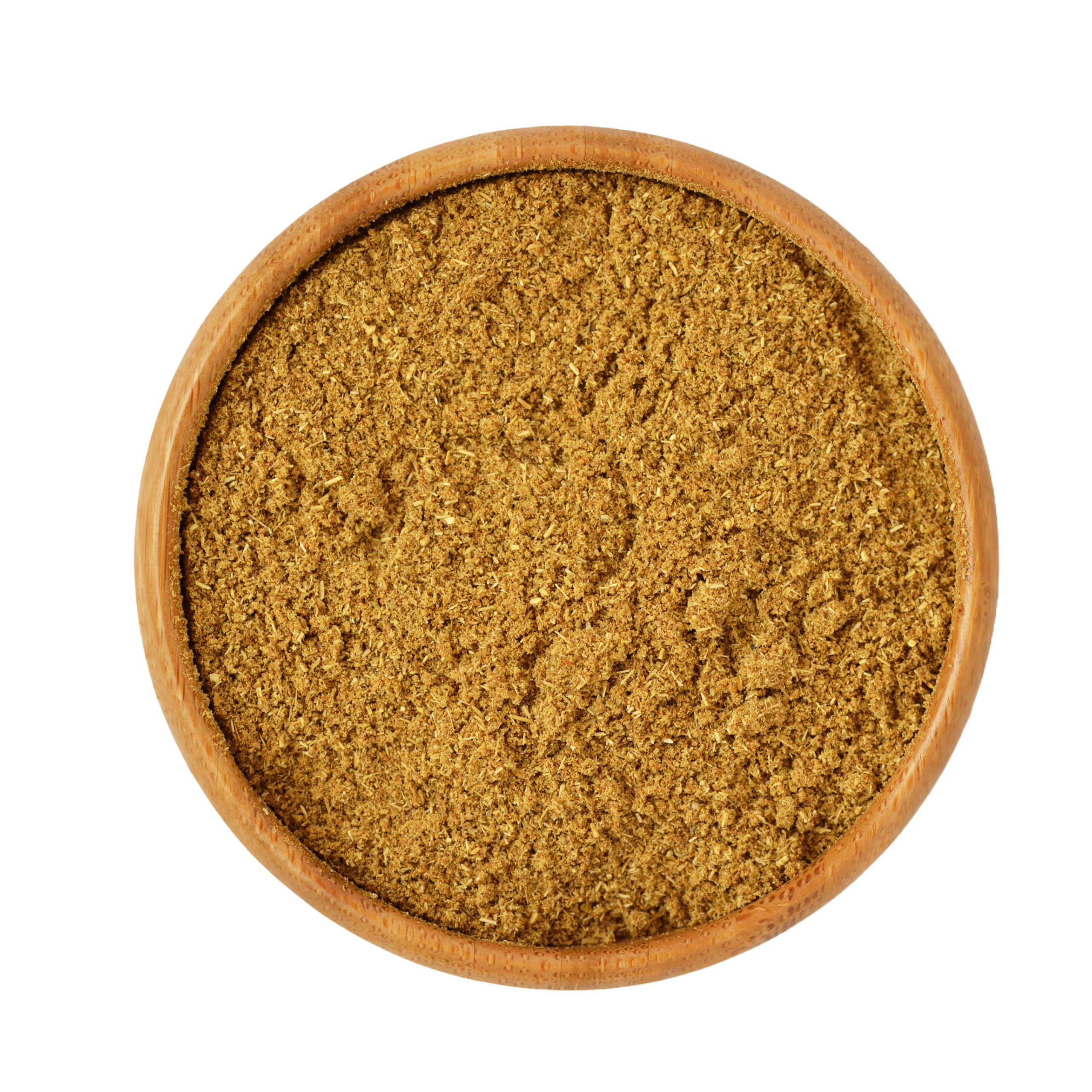 A round wooden bowl filled with dried Cumin, against a white background
