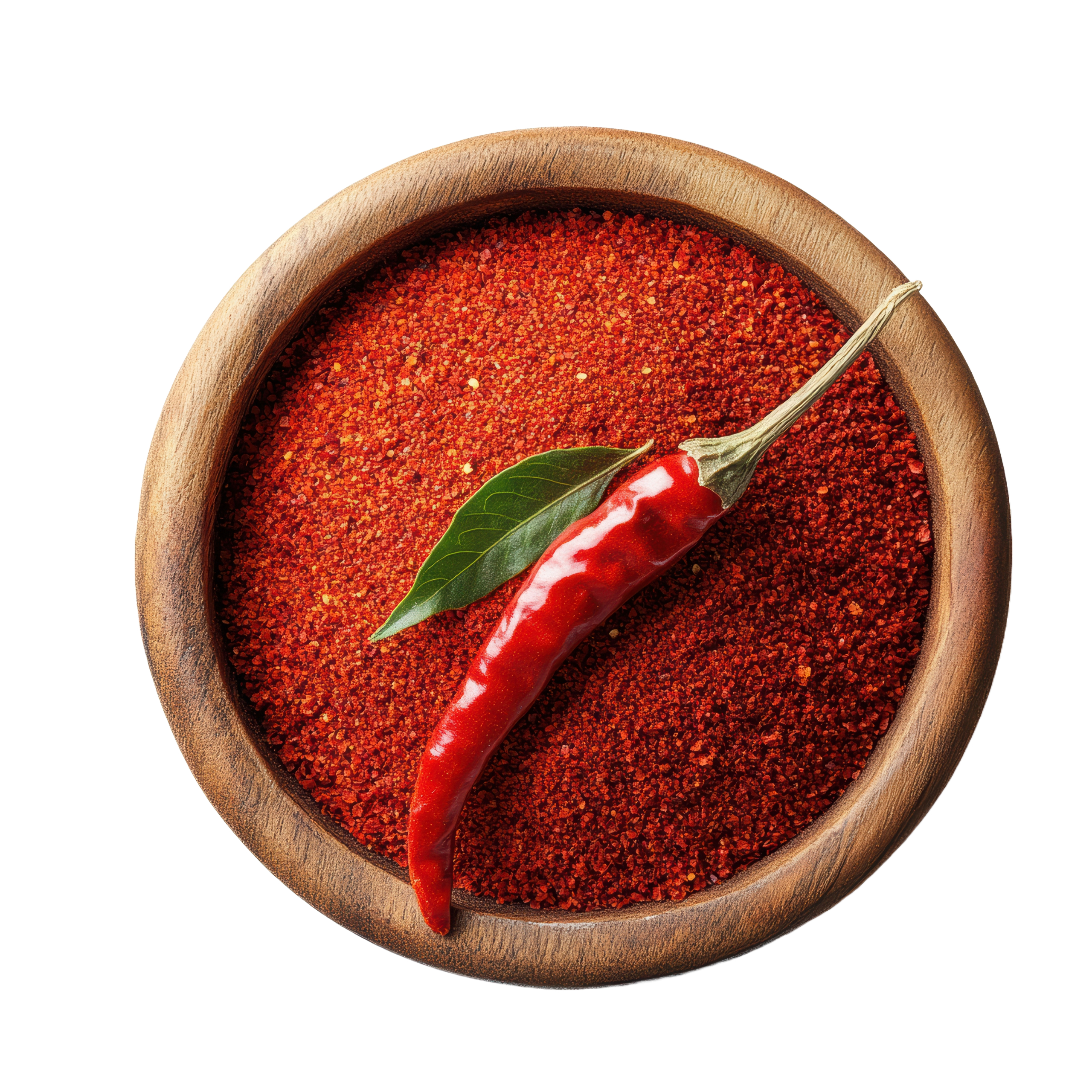 A round wooden bowl filled with bright red chili powder, with a single fresh red chili pepper on top, against a white background.