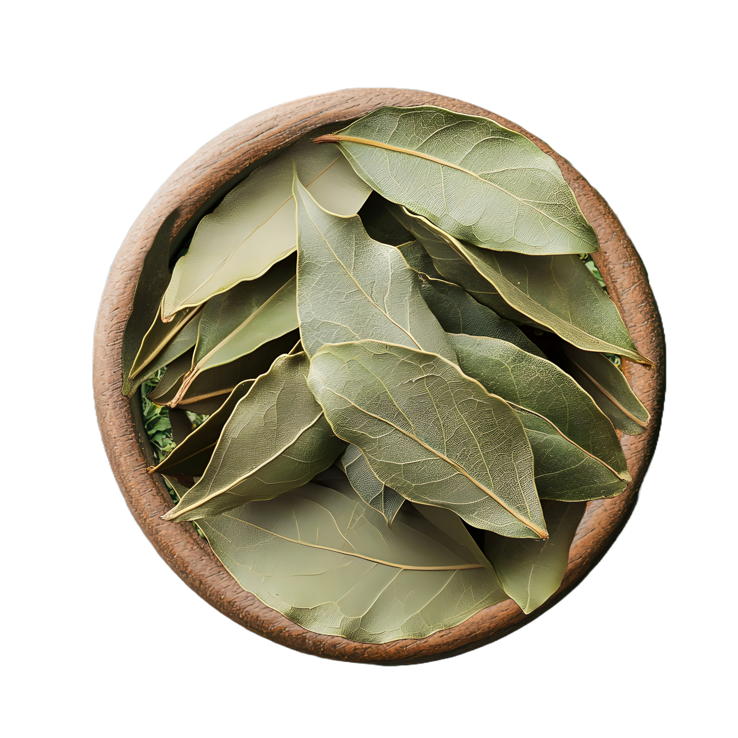 A round wooden bowl filled with dried Bay Leaves, against a white background