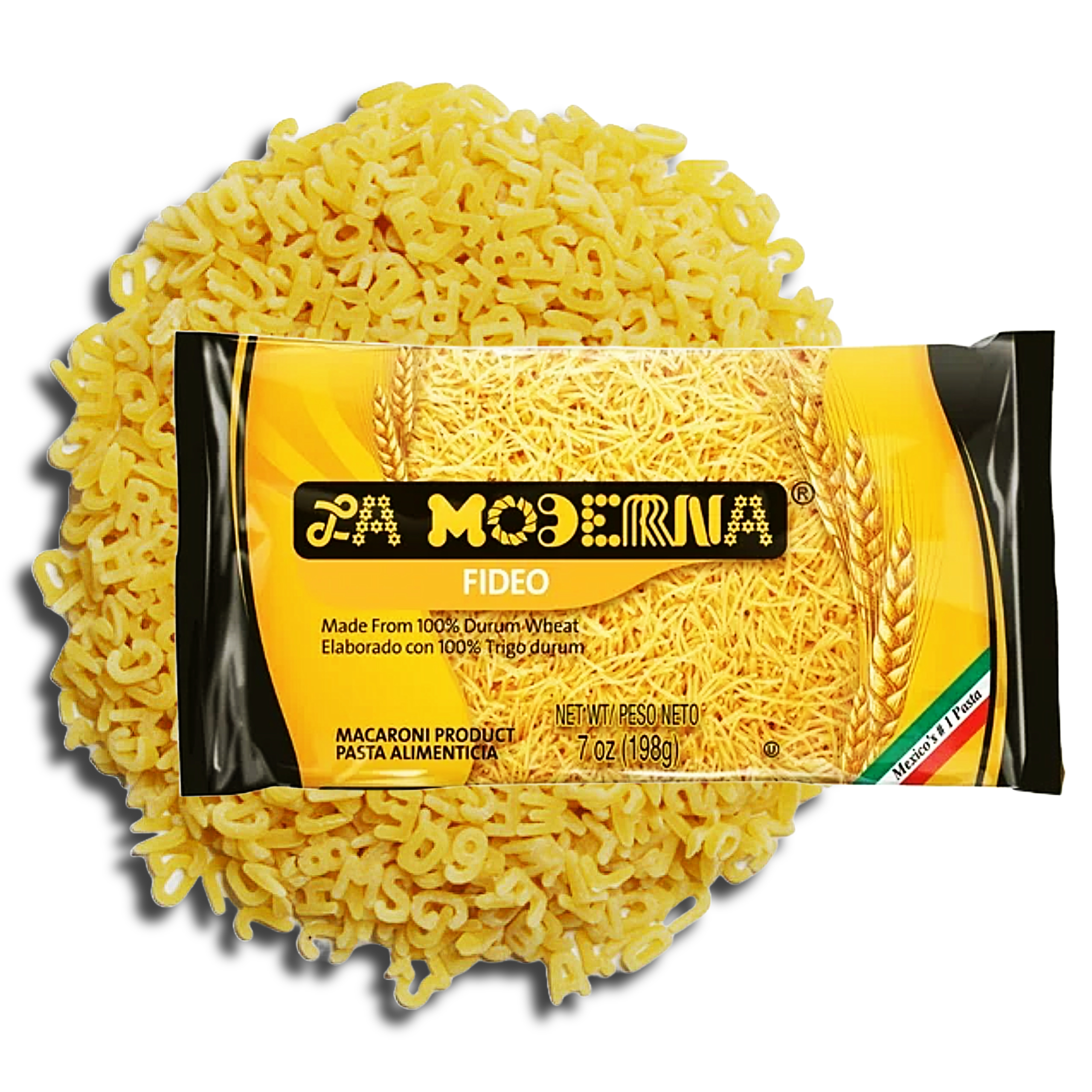 A package of La Moderna fideo pasta, with a yellow and black design, featuring the brand name and product type, against a background of uncooked pasta pieces.